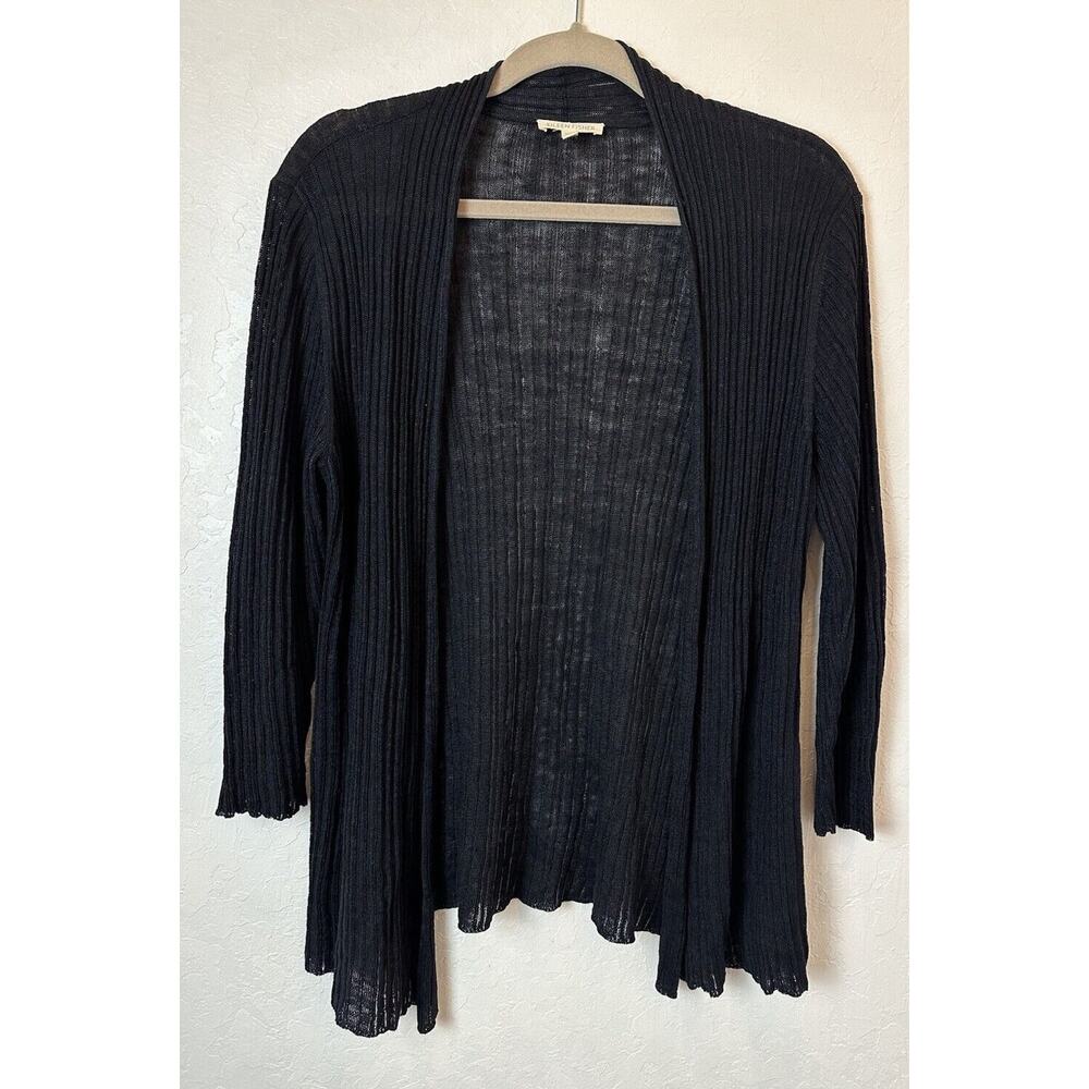 Eileen Fisher Black Open-Front Linen Ribbed Cardigan